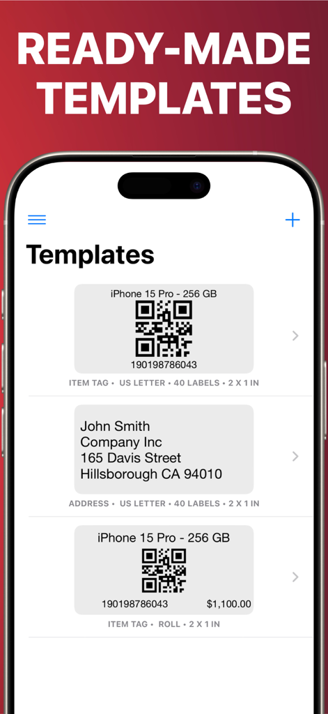 Label Maker - Print Master Pro - iPhone-Bildschirm mit verschiedenen fertigen Etikettenvorlagen für Artikel und Adressen