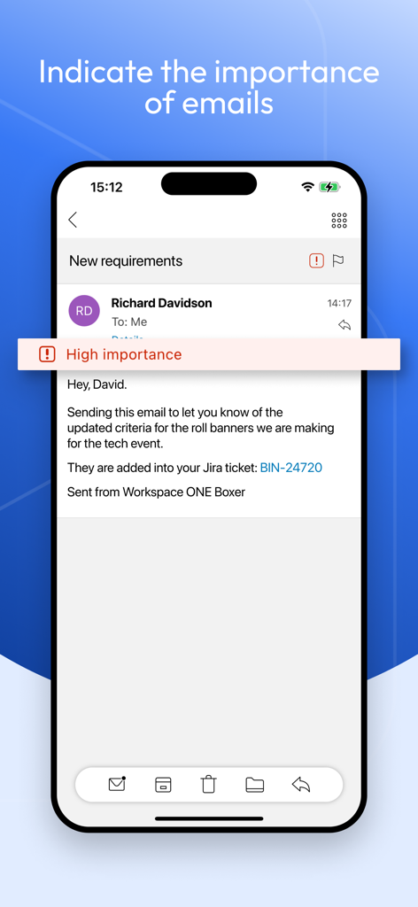 Boxer - Workspace ONE - Workspace ONE Boxer mobile app interface showing an email marked with a high importance red banner.