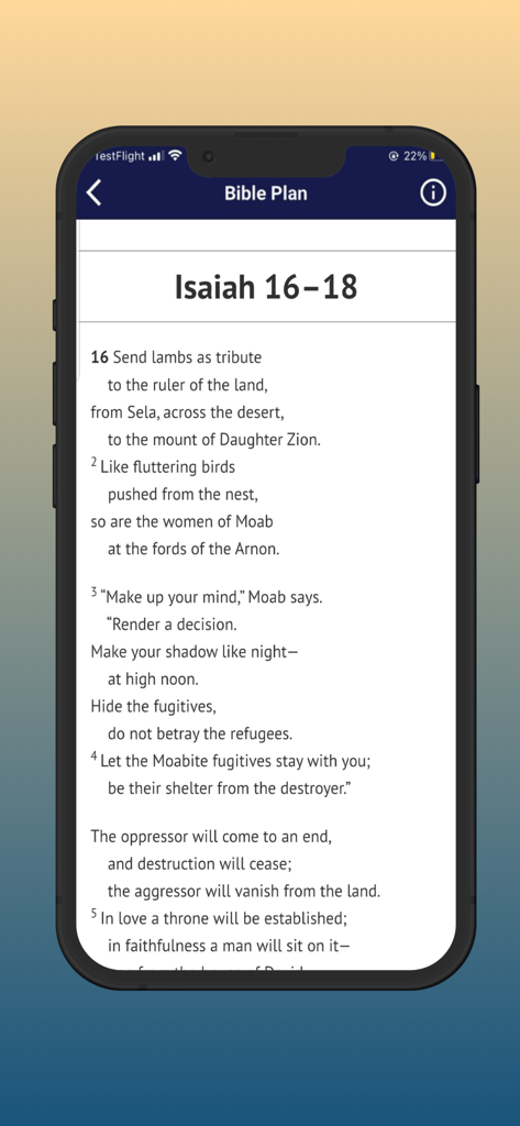 Bible: with study tools - Smartphone screen showing a bible study plan interface with verses from the book of Isaiah.