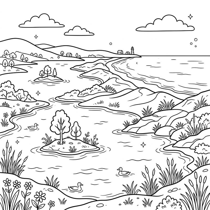 Bring a peaceful coastal scene to life with this fun coloring page designed for kids aged 4-8. Featuring serene lakes, playful ducks, and a distant lighthouse, it's perfect for a creative adventure.