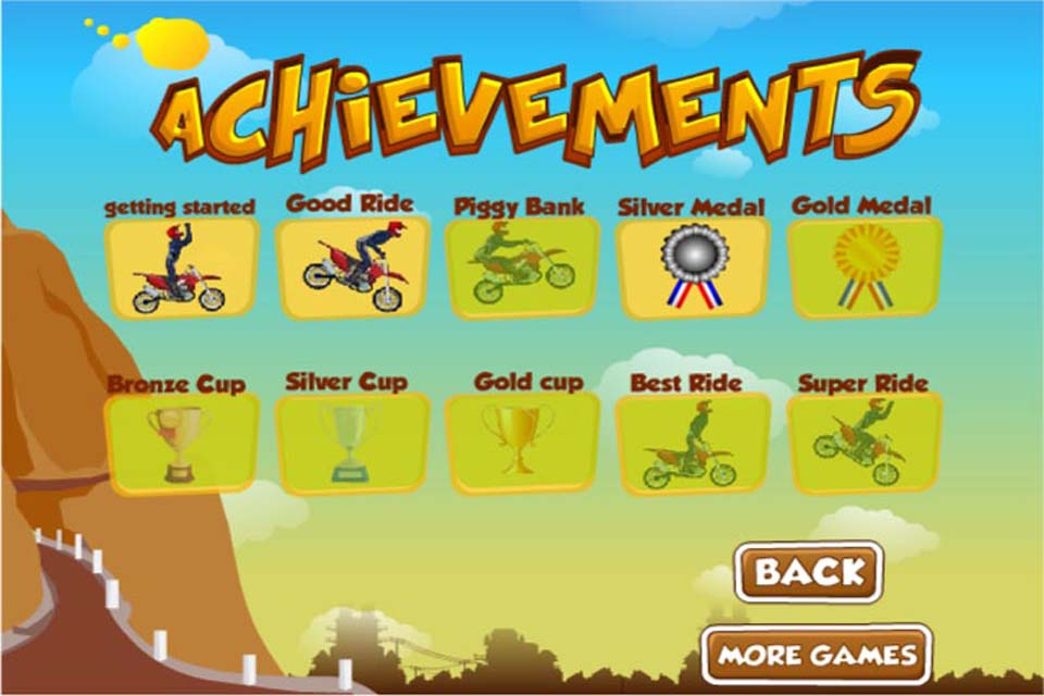 Down Hill Crazy Moto Racing - The achievements menu in Down Hill Crazy Moto Racing showing unlockable medals and trophies for stunts and progress.
