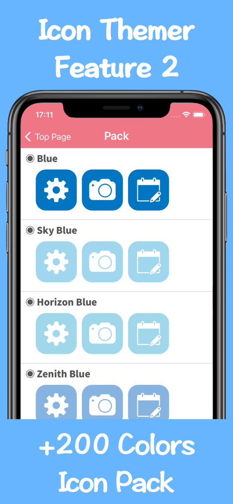 Icon Themer - Icon Themer app screen displaying multiple blue-colored icon packs for iPhone customization.