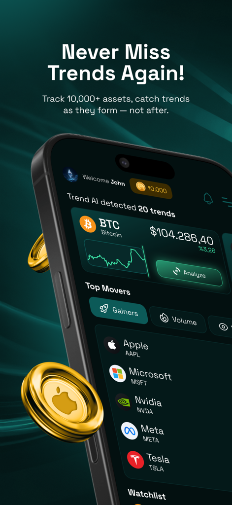Trend AI: Protect Money & Grow - Interfaz de la aplicación móvil Trend AI mostrando tendencias de mercado en tiempo real para Bitcoin y los principales movimientos de acciones