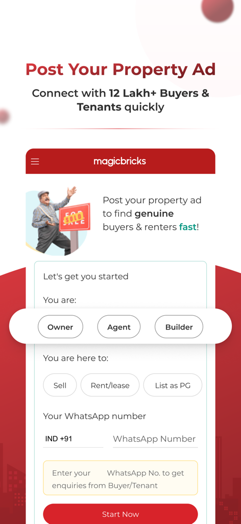 Magicbricks app interface for posting a property advertisement to find buyers and tenants.