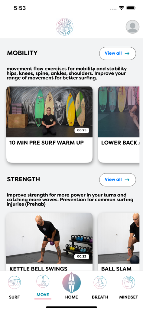 SurfersCompass app interface showing mobility and strength training modules for surfers