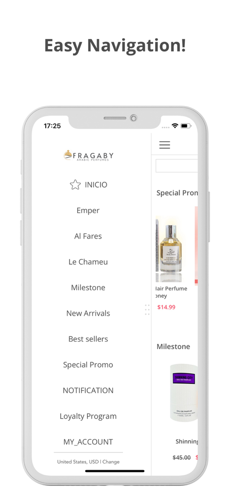 Fragaby Perfumes - Navigation menu of the Fragaby Perfumes app showing fragrance brands and shopping categories.