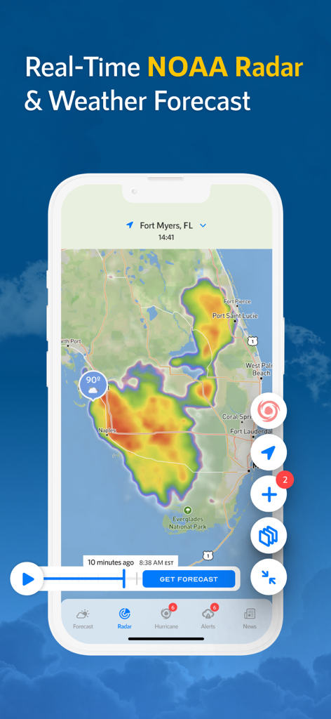 NOAA Live Weather Radar - Real-time NOAA weather radar map showing storm tracking over Florida on a mobile device