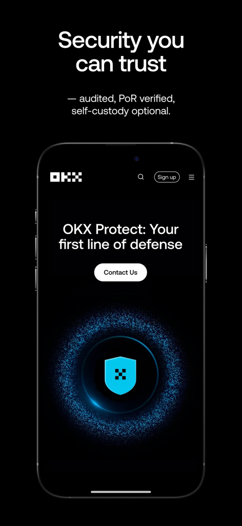 OKX: Buy Bitcoin BTC & Crypto - A smartphone displaying the OKX app security interface with a shield logo and the headline Security you can trust