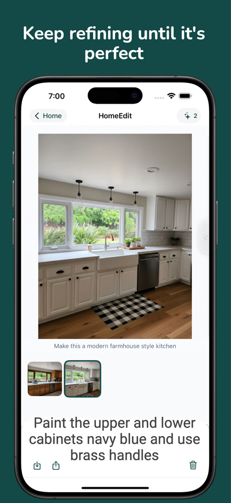 HomeEdit mobile app interface showing a kitchen redesign with a text prompt to paint cabinets navy blue and add brass handles.