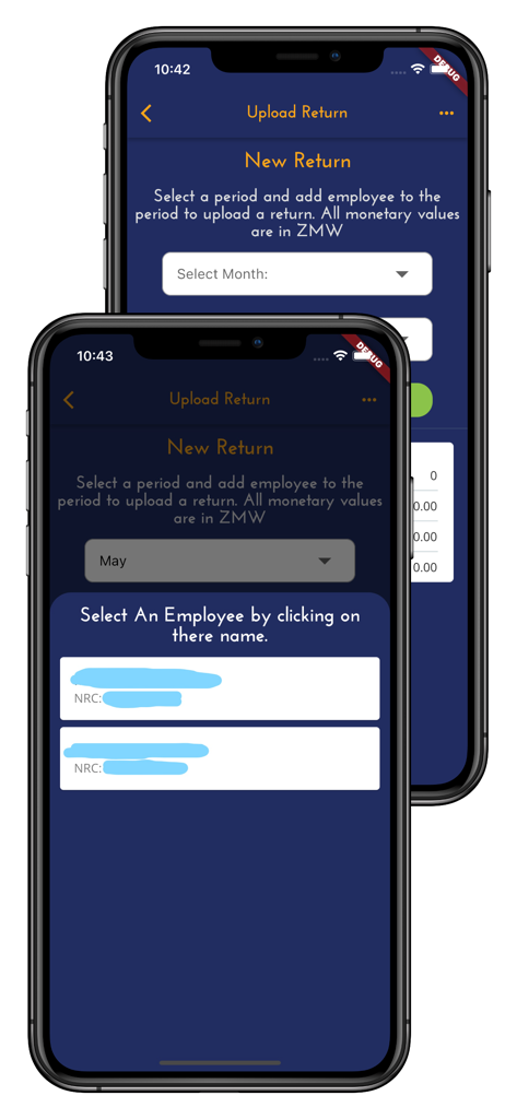 NAPSA Mobile - Screen showing the process of uploading a new return and selecting an employee in the NAPSA Mobile app