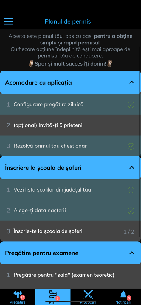 Step-by-step learning plan for the Romanian driving license in the SoferOnline app