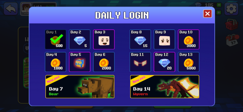 One Block World - One Block World daily login rewards showing coins diamonds and pets