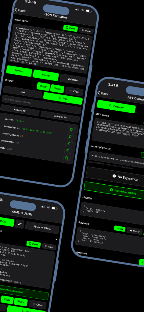 Screenshots of DevKit app for iOS showing JSON formatter, JWT debugger, and YAML converter interfaces in dark mode.