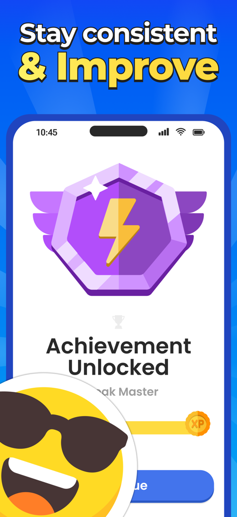 Achievement Unlocked screen in the Go Math app featuring a purple lightning badge and a smiling emoji with sunglasses