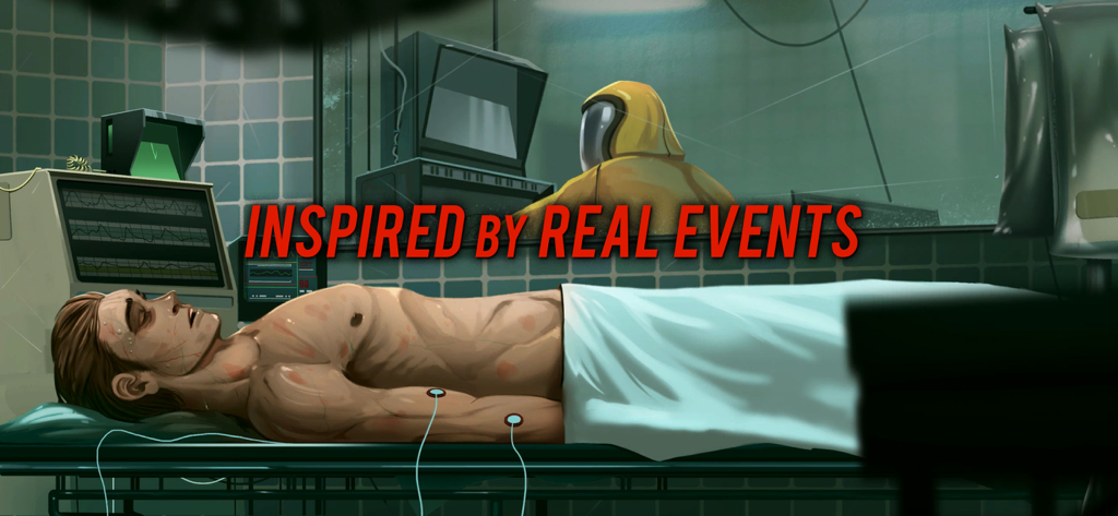Nobodies: Murder Cleaner - A man lies on a medical table in a dark lab with a hazmat suited figure and text saying Inspired by Real Events