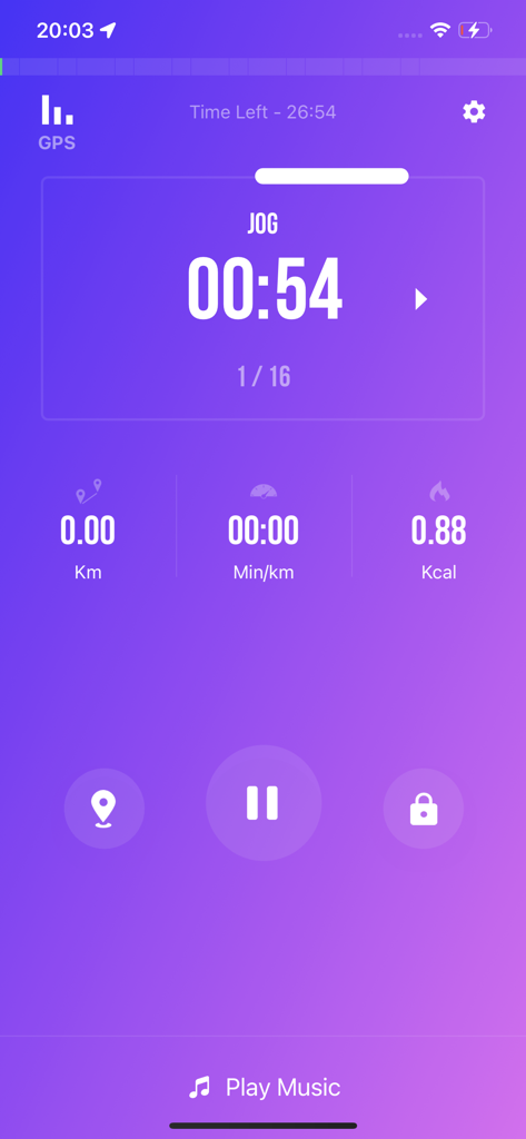 Interface do aplicativo Run Tracker mostrando um treino de corrida com métricas de ritmo, distância e calorias em tempo real