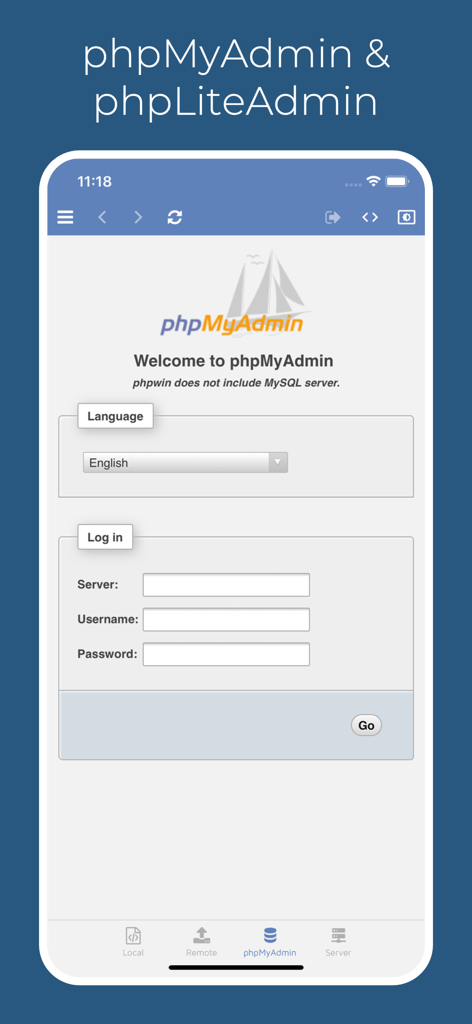 phpwin - The phpMyAdmin login screen in the phpwin app for managing remote databases