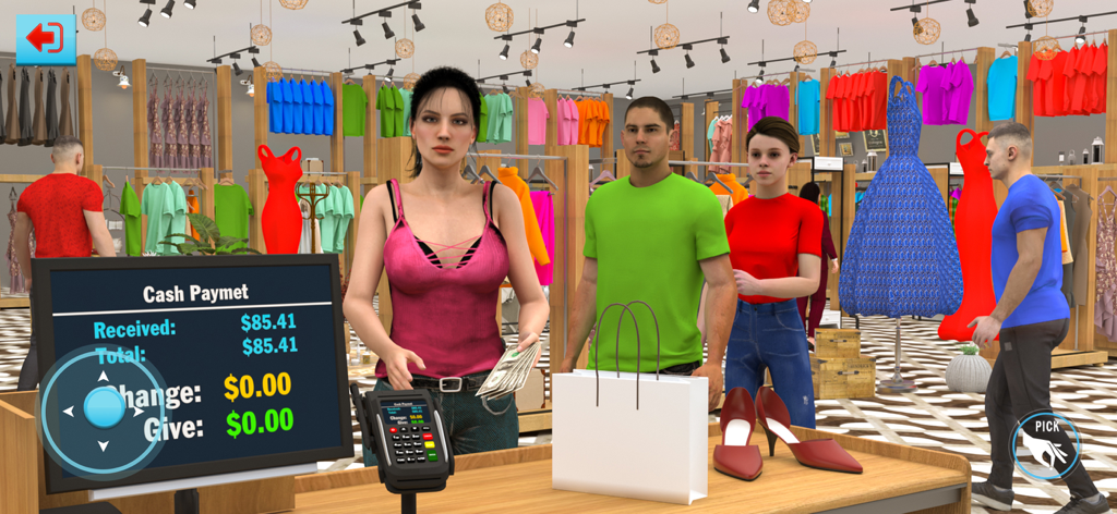 Clothing Store Sim Games 3D - Una cajera cobrando a un cliente en el mostrador de una tienda de ropa en 3D en un juego de simulación.