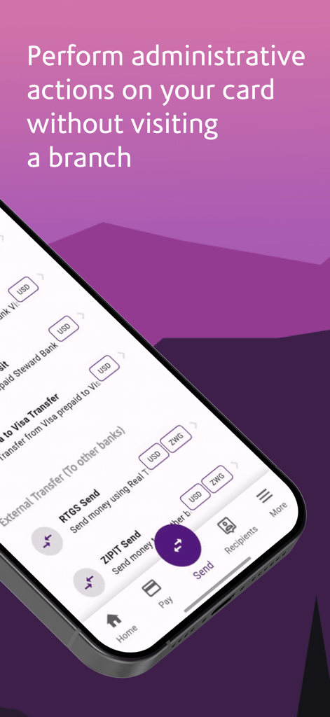 Mobile interface of Steward Bank Square showing card management and money transfer options like RTGS and ZIPIT
