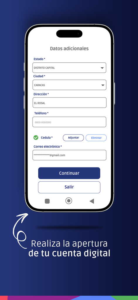 Movil BDT - Formulario para abrir una cuenta bancaria digital en la app Movil BDT mostrando campos de datos personales