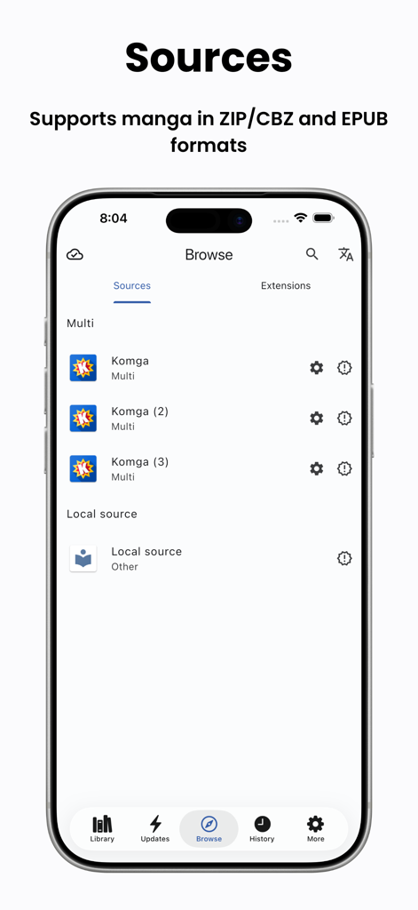 Tachimanga - Tachimanga app interface showing manga sources including Komga and local file support for ZIP CBZ and EPUB formats.