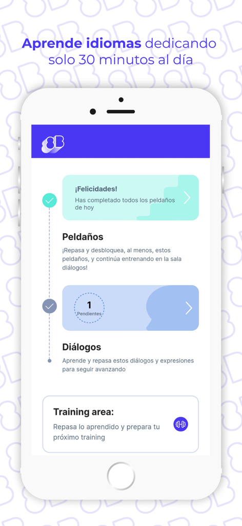 8Belts mobile app interface showing the daily study plan with sections for steps, dialogues, and a training area