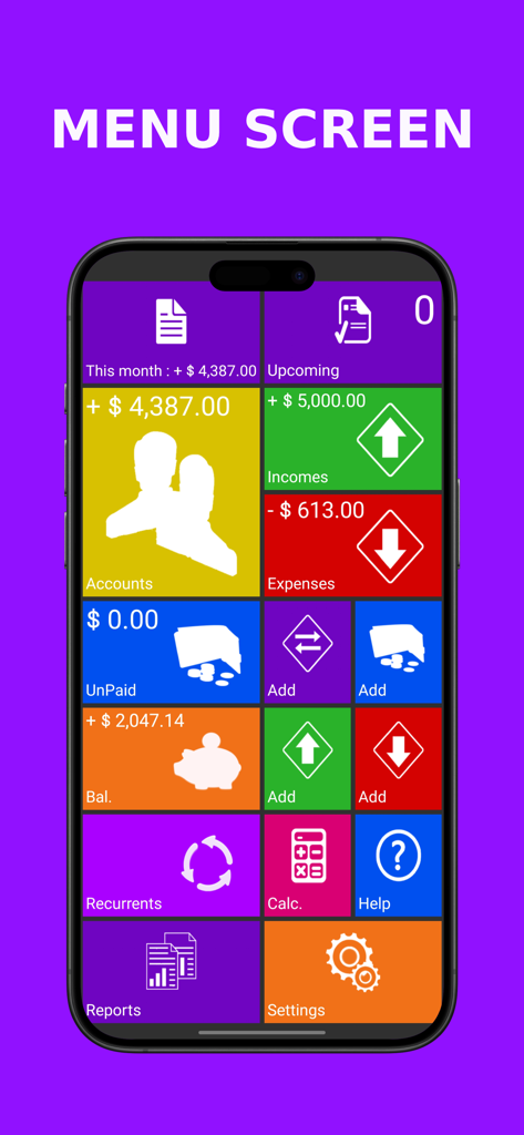 Home Budget Manager Paid - Home Budget Manager app menu screen displaying colorful tiles for accounts incomes and expenses