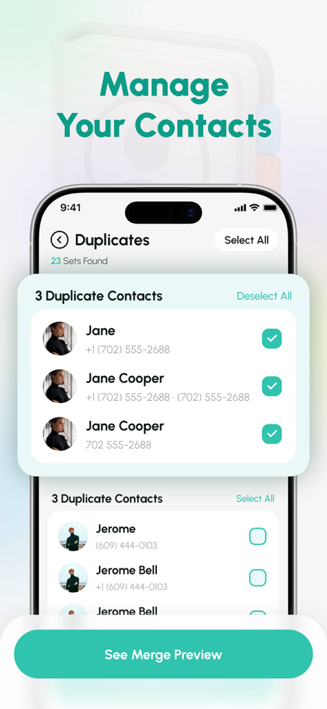 Interface of AI Cleaner app showing duplicate contact management and merge preview button