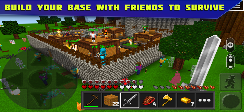 Grupo de jugadores construyendo una base juntos en un juego de supervivencia sandbox