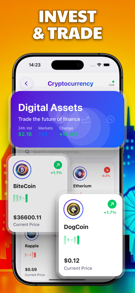 Business Game - Life Simulator - A mobile app interface from Business Game Life Simulator showing cryptocurrency investment and trading options with mock digital assets like BiteCoin and DogCoin
