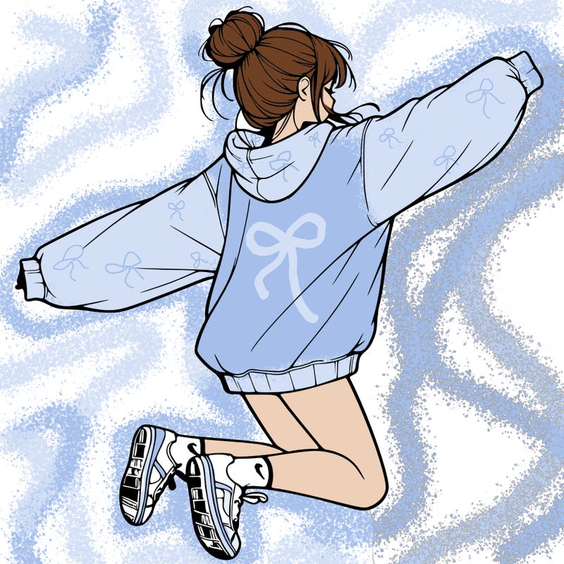 realistic girl jumping with a bun and oversized sweatshirt