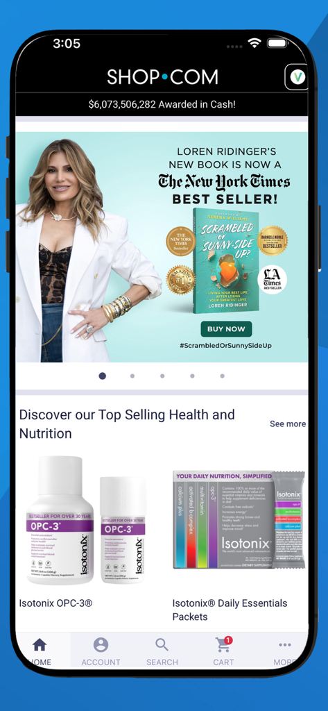 The home screen of the SHOP.COM mobile app highlighting Isotonix health products and a promotional banner.