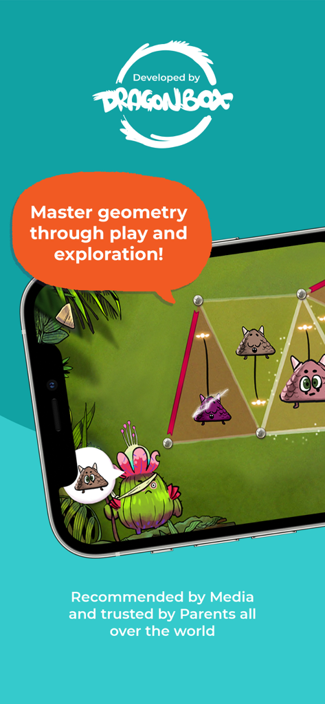 Kahoot! Geometry by DragonBox - A smartphone screen showing Kahoot! Geometry by DragonBox gameplay with whimsical triangle characters and geometric puzzles.