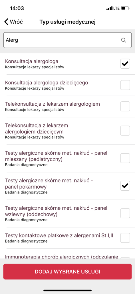 Screen of the SALTUS Zdrowie app showing a list of medical services for an allergy consultation booking