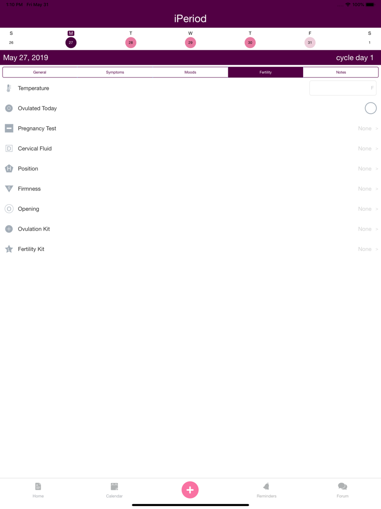 La interfaz de seguimiento de fertilidad de iPeriod Lite HD en un iPad que muestra opciones para registrar kits de temperatura y ovulación