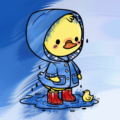 baby duck in a rain coat and boots, in a puddle while it’s raining