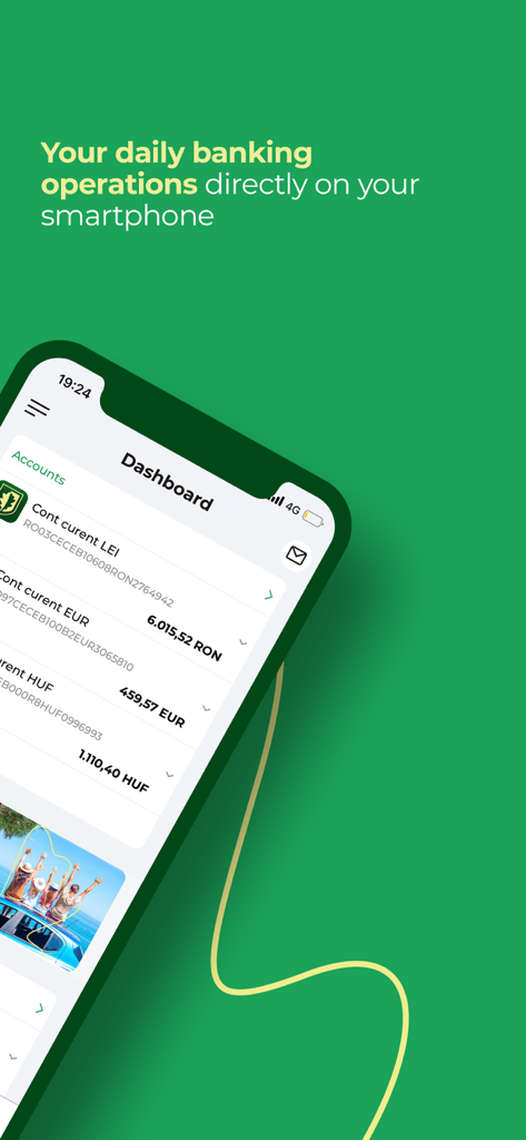 CEC Bank Mobile Banking - Panel de control de la aplicación móvil de CEC Bank que muestra los saldos de varias cuentas en divisas, incluidos RON y EUR