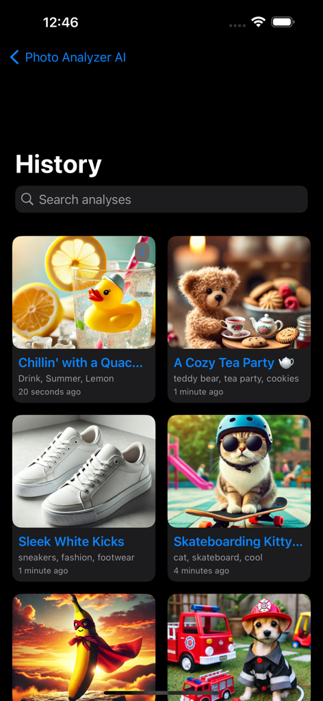 The history screen of the Photo Analyzer AI app showing a grid of previously analyzed photos with titles and descriptive tags.