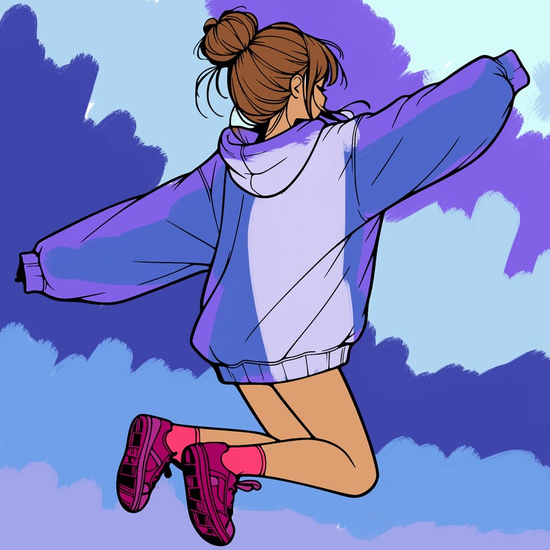 realistic girl jumping with a bun and oversized sweatshirt