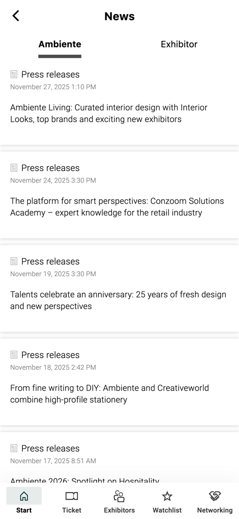 Ambiente Navigator - Ambiente Navigatorアプリのニュースセクション。見本市のプレスリリースが表示されます。