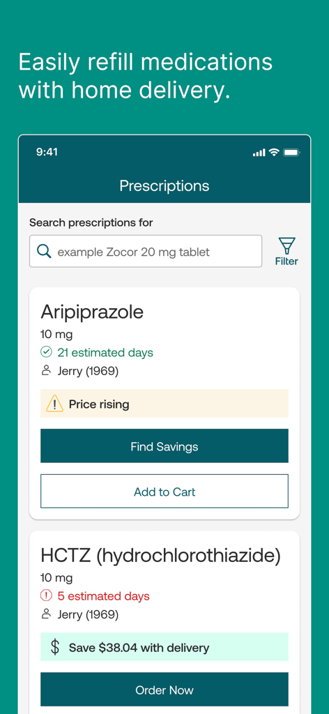 Écran de l'application mobile Express Scripts montrant une liste d'ordonnances avec des options pour renouveler les médicaments et trouver des économies.