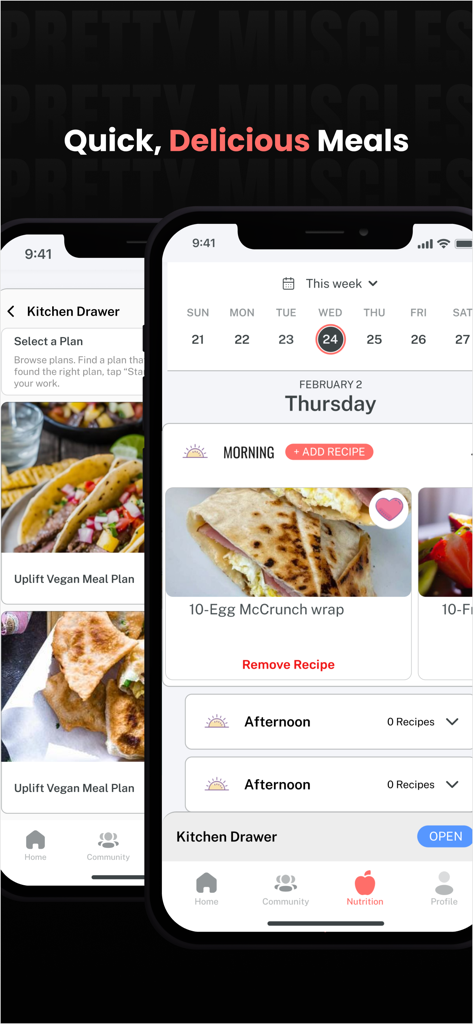 PRETTY MUSCLES by Erin Oprea - Pretty Muscles app interface displaying daily meal planning and healthy breakfast recipes.