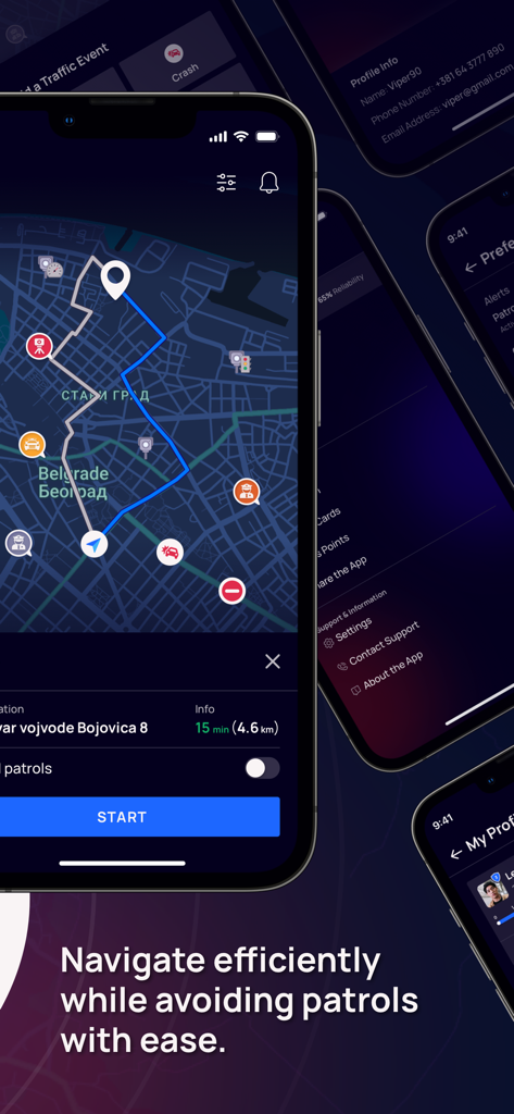 MyPatrol app interface showing navigation map with police patrol alerts and route tracking