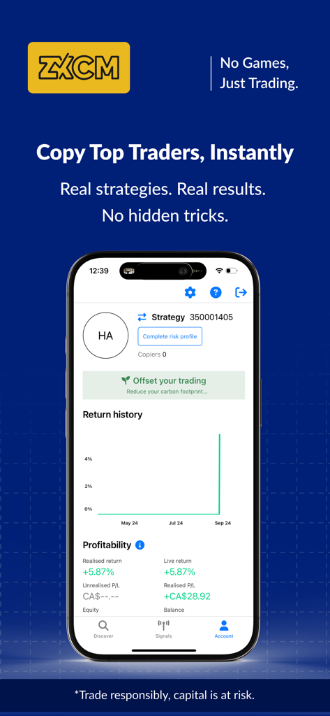 Interfaccia dell'app mobile ZXCM Social Trader che mostra il grafico della cronologia dei rendimenti e le metriche di redditività