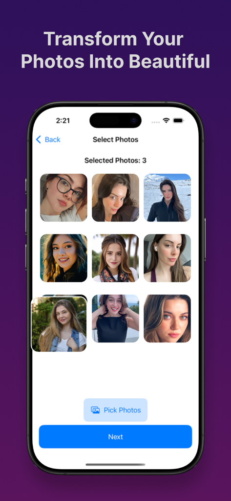 Tela de seleção de fotos no aplicativo AI Video Studio mostrando uma grade de retratos.