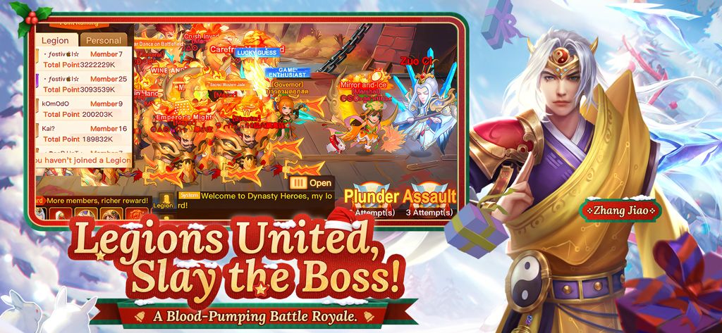 Dynasty Heroes Legend Samkok のゲームプレイで、Legion Boss Battle とキャラクターの張角が表示されている