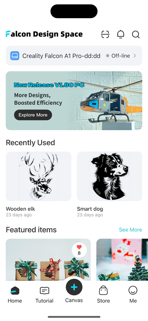 Falcon Design Space mobile app dashboard displaying laser engraving designs and device connectivity status