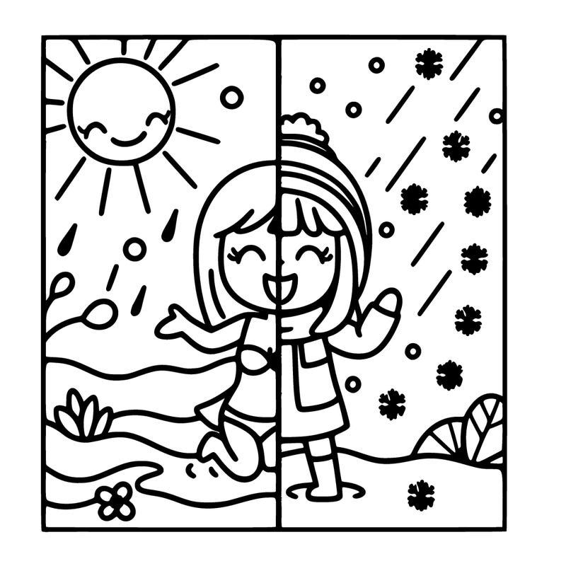 summer on one side and winter on the other side the whole thing is separated by a line and these are girls with the seasons