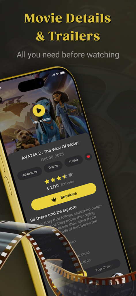 MovieBox Pro: Movies & TV Show - Interface of the MovieBox Pro app showing movie details, trailers, and ratings for Avatar 2 on a smartphone.