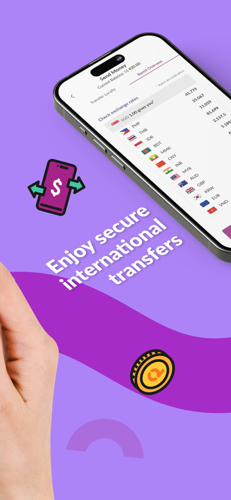 Singtel Dash - Singtel Dash app screen displaying international currency exchange rates for secure money transfers.